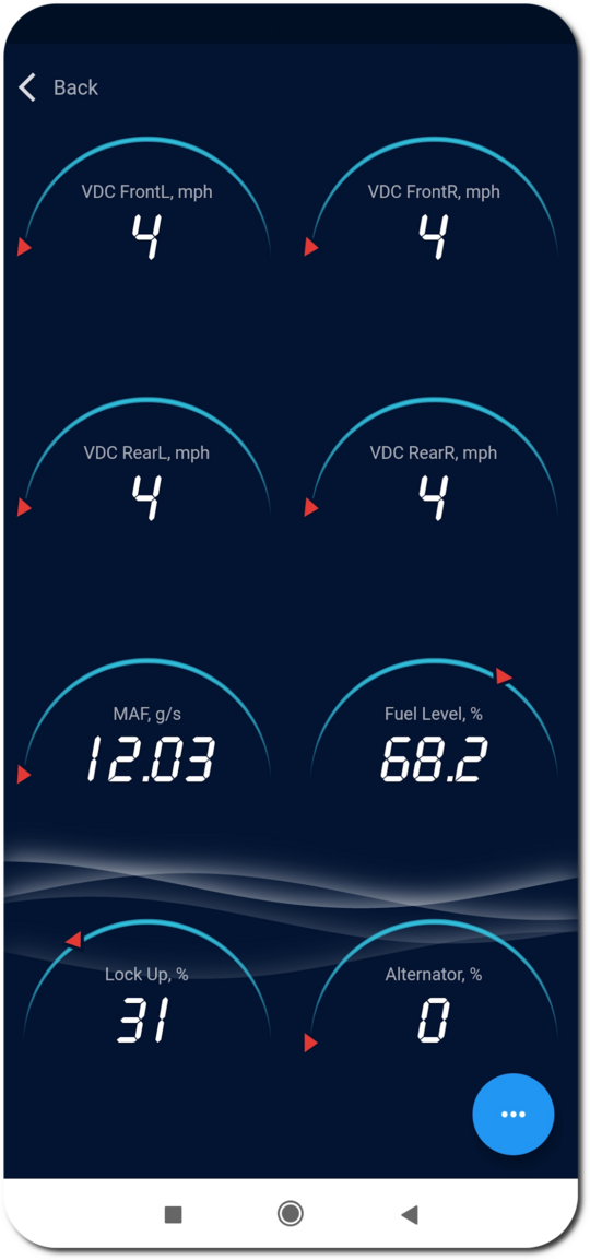 VDC wheel speeds, MAF, fuel level, lock-up, and alternator gauges